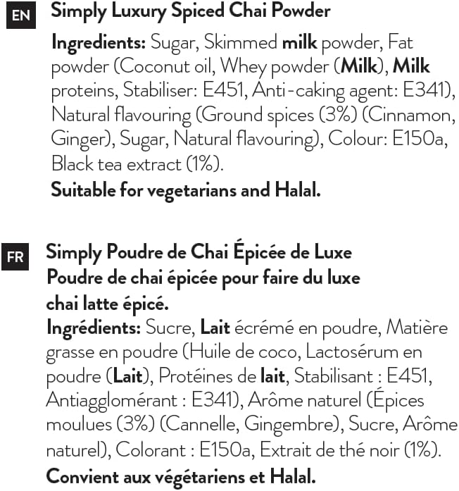 Simply Luxury Spiced Chai Powder, Rich Aromatic Blend Chai Powder for Latte, Just Add Milk, Suitable for Vegetarians, Halal & Nut Free, 1kg